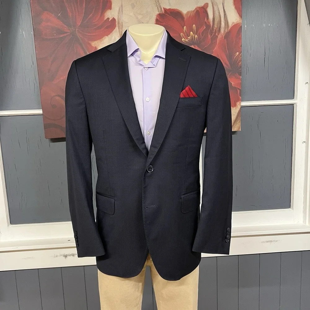 Peter Millar Suit Mens 40R Wool Pants 34x28 Pinstriped Dark Navy Striped